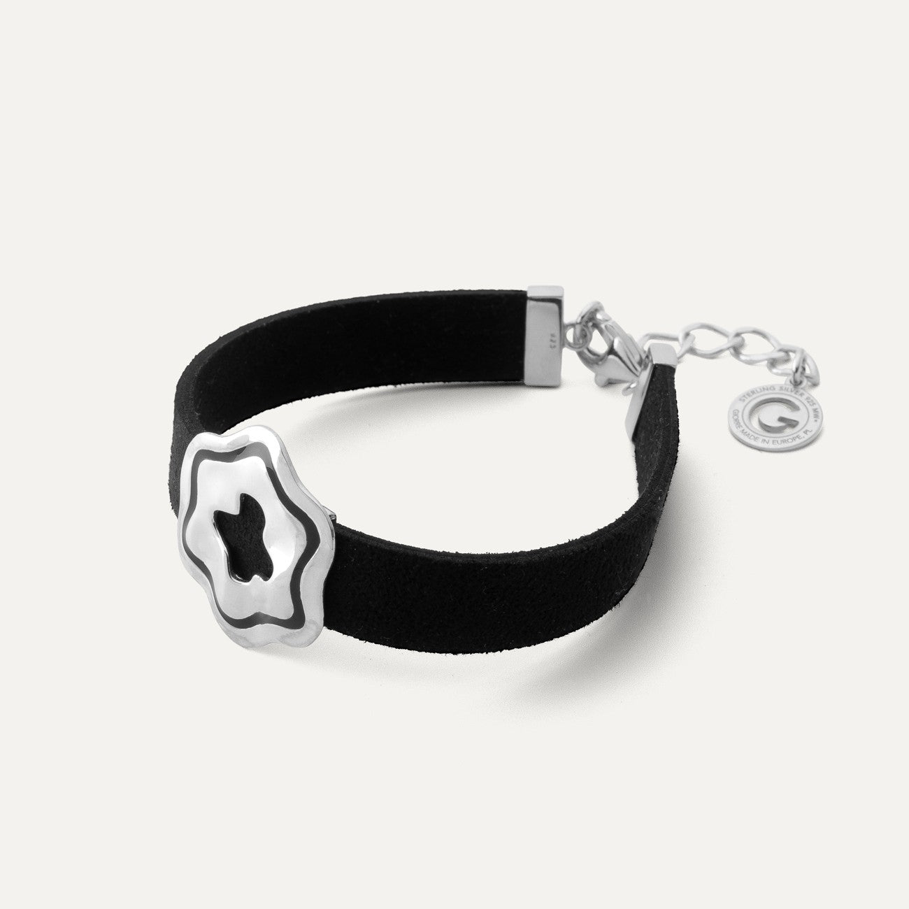 Bracciale Alcantara - fiore con resina nera, argento sterling 925, placcato platino NEW ROMANTICO