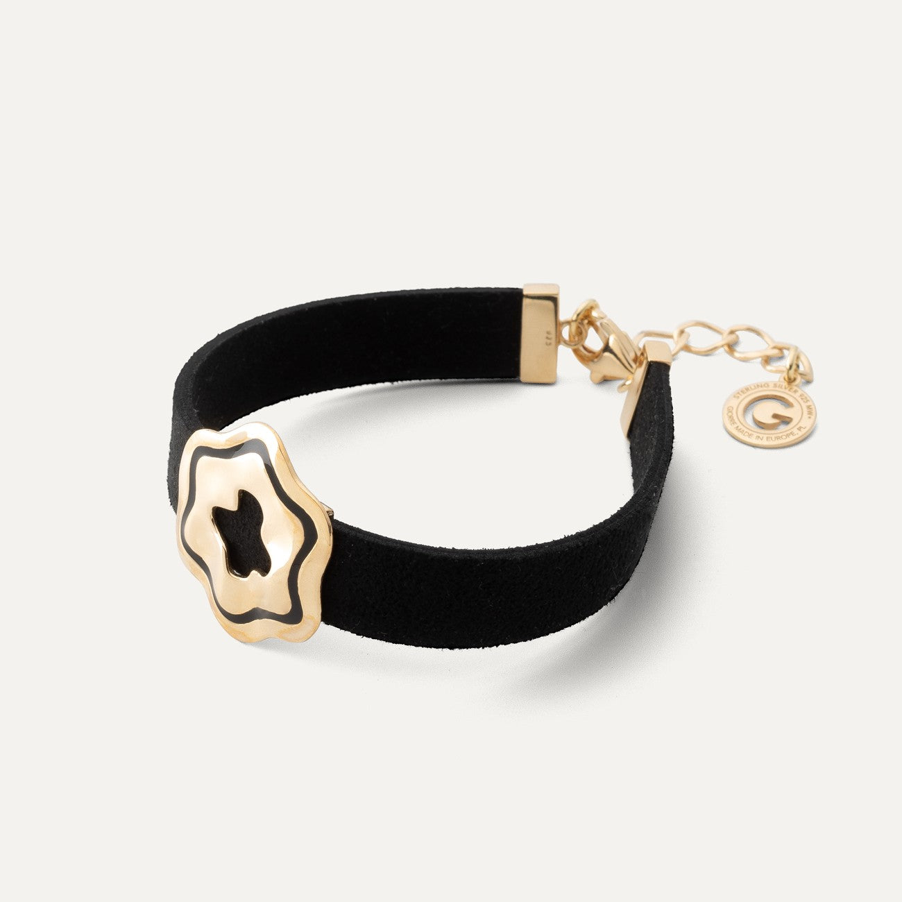 Bracciale Alcantara - fiore con resina nera, argento 925 placcato oro giallo NEW ROMANTIC