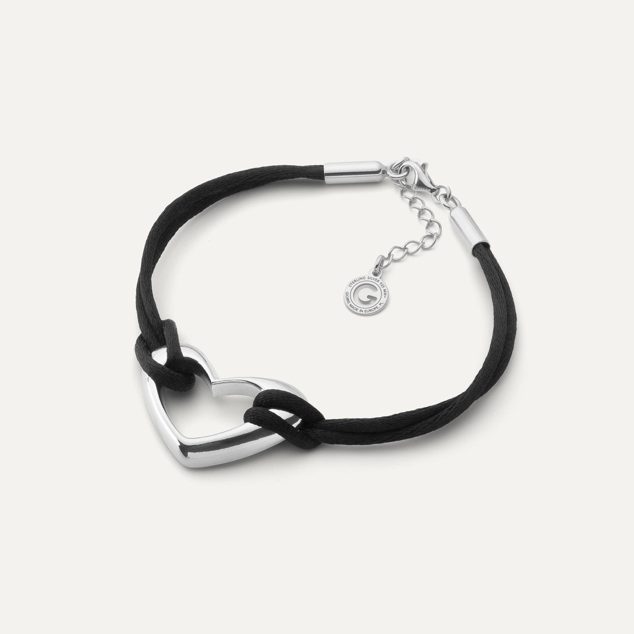 Schwarzes Kordelarmband mit Herz, sterling silber 925, platiniert NEW ROMANTIC