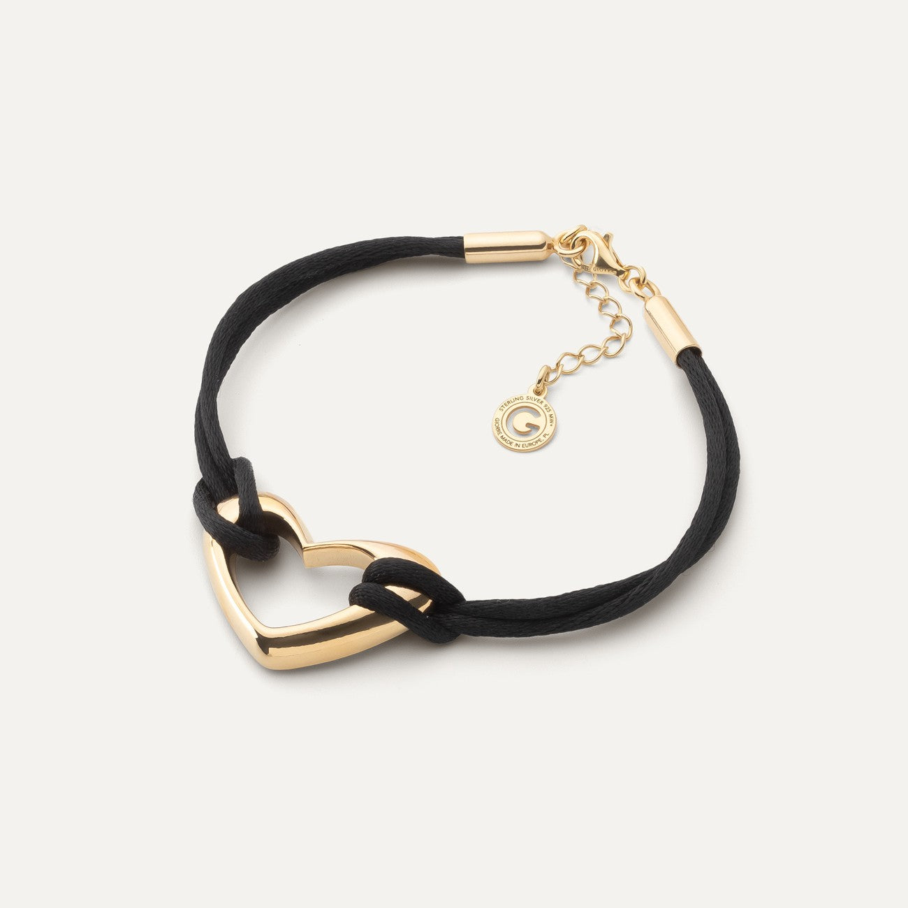 Bracciale in cordino nero con cuore, argento 925 placcato oro giallo NEW ROMANTIC