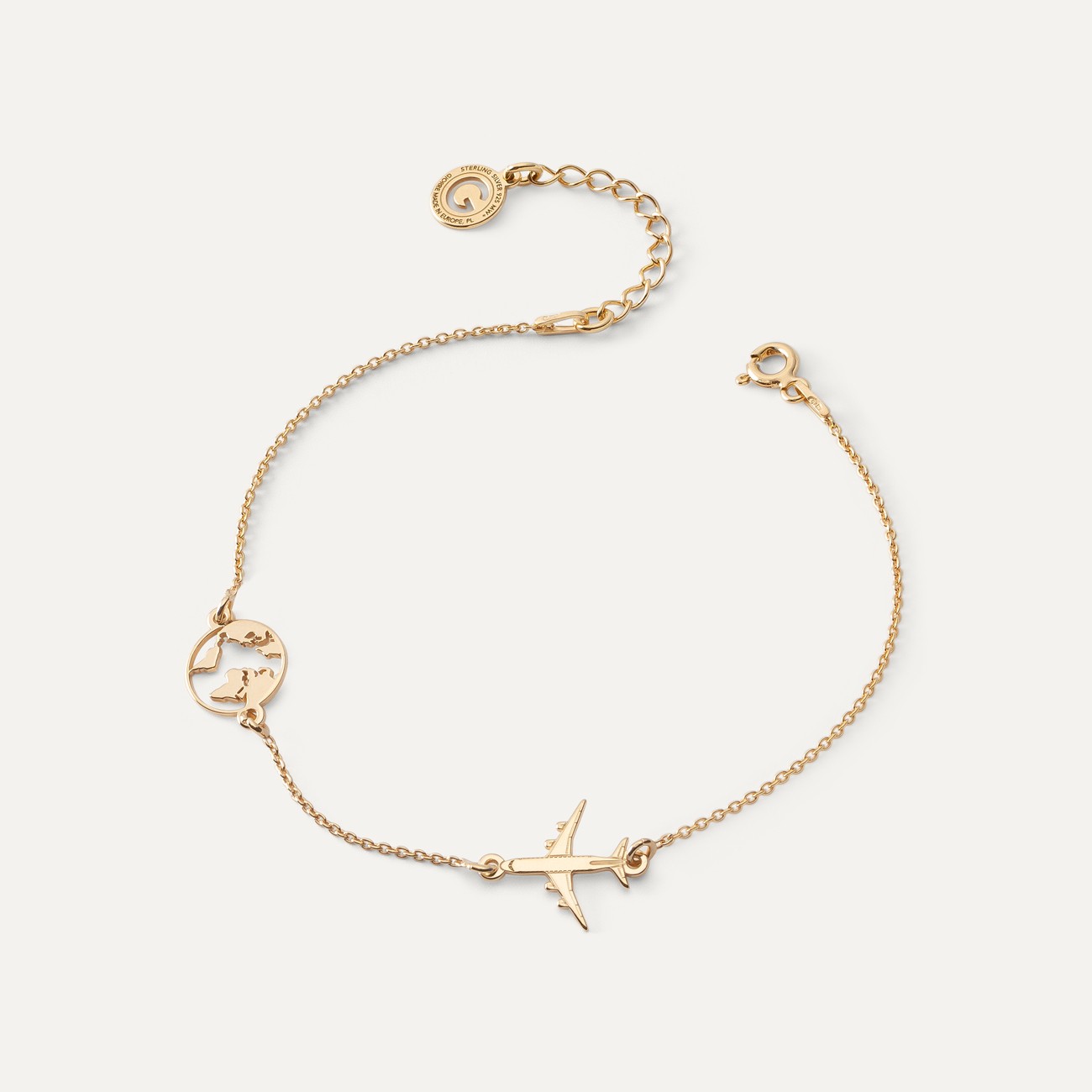 Armband - Globus und Flugzeug, 925er Silber gelbvergoldet TRAVEL