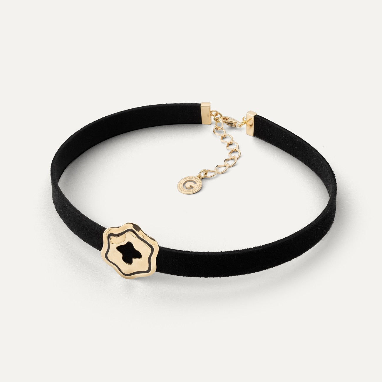 Collana con fiore in argento - resina nera, argento 925 placcato oro giallo NEW ROMANTIC