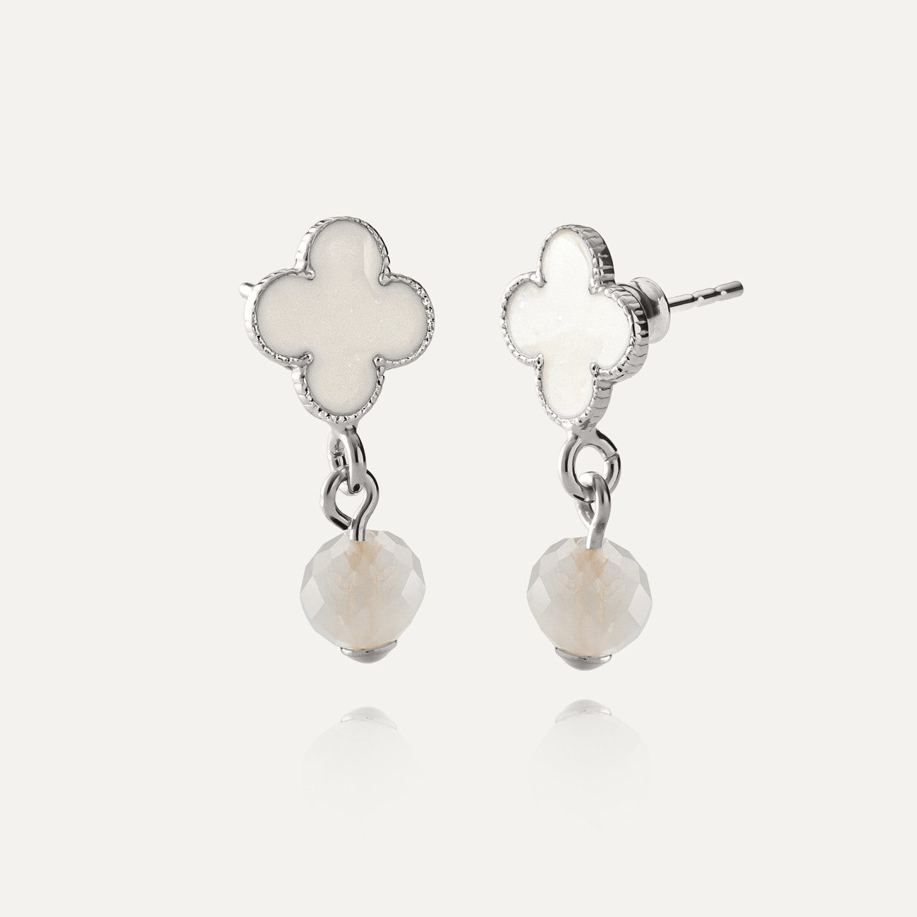 Hängeohrringe - Kleeblatt mit weißem Stein, 925er Silber platiniert