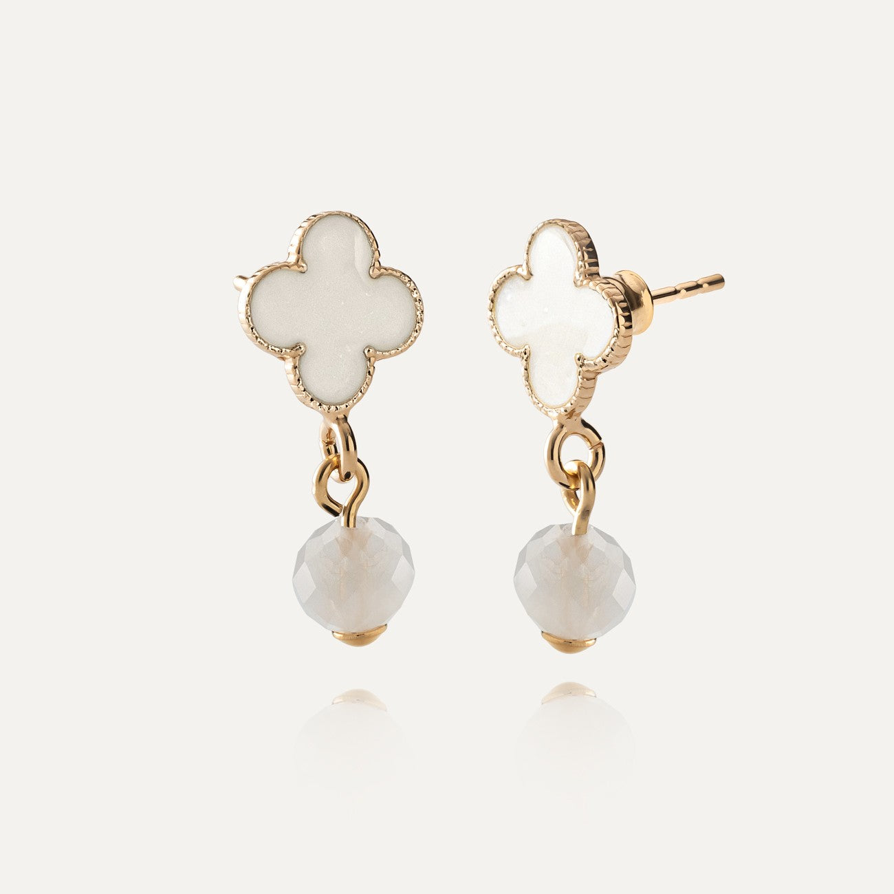 Hängeohrringe - Kleeblatt mit weißem Stein, 925er Silber gelbvergoldet