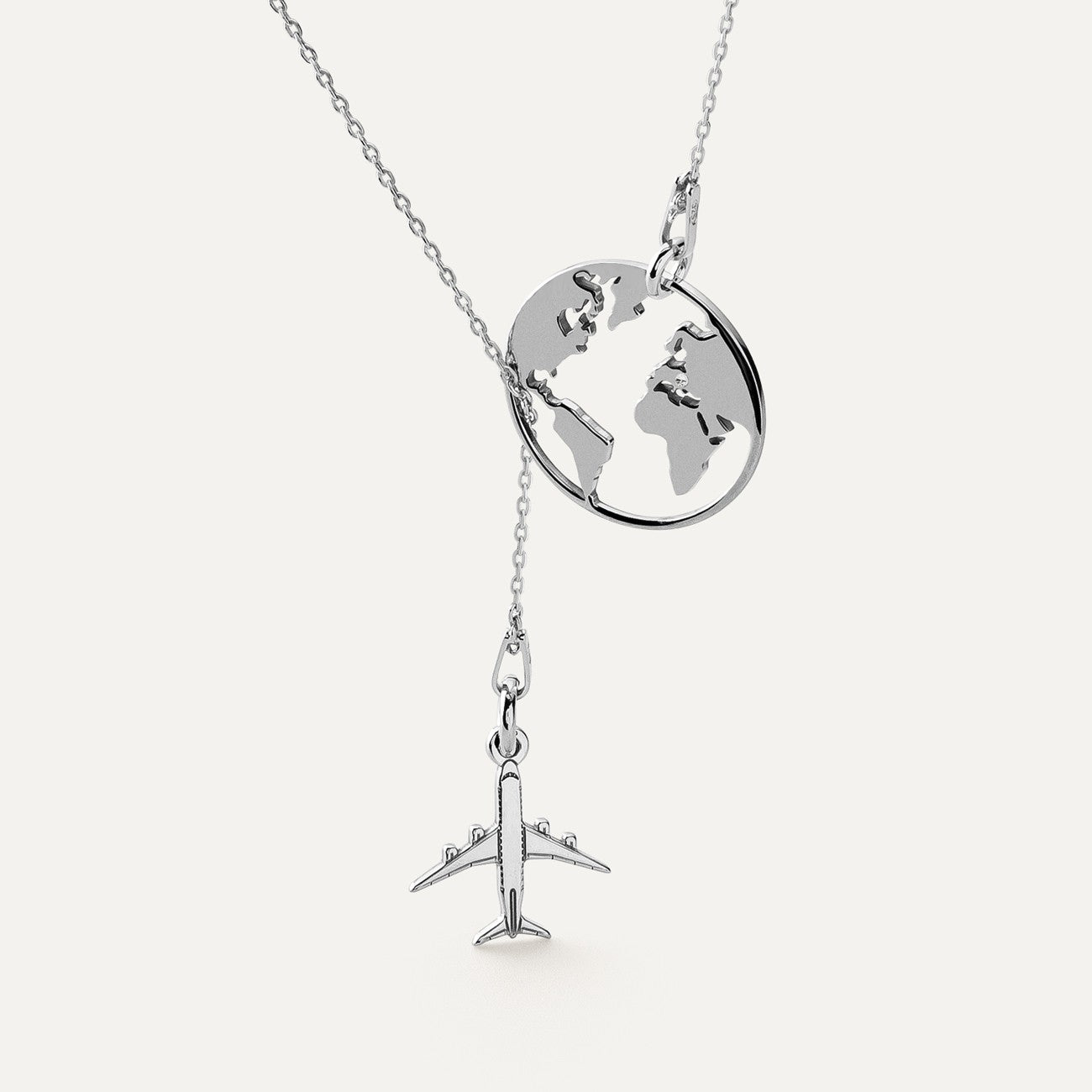 Halskette mit einer Globus-Kristall- und Flugzeug-Anhänger, 925er Silber platiniert TRAVEL