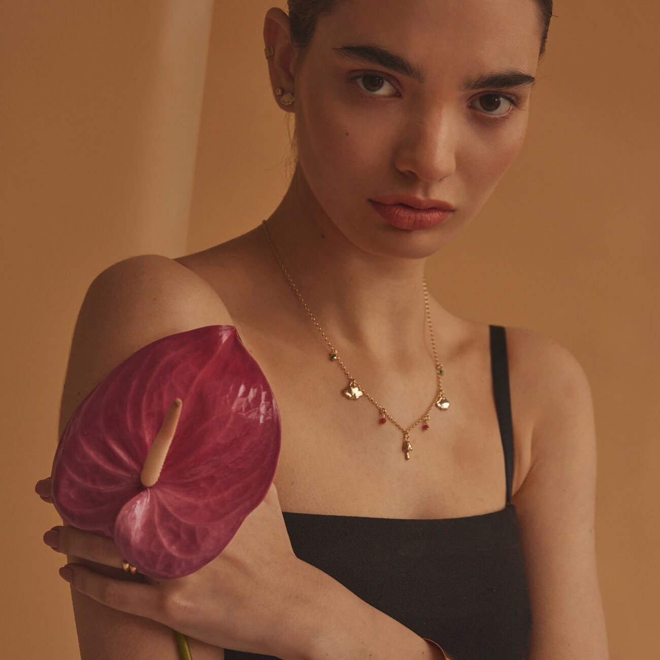 Collier avec pendentif champignon et pierres naturelles, argent sterling 925 plaqué platine BALI SUN