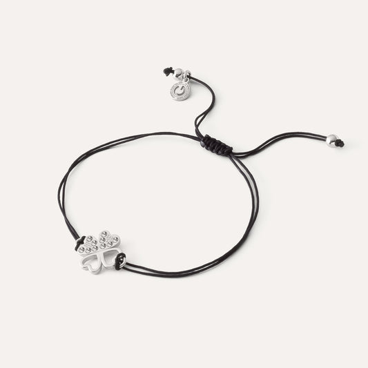 Armband mit Zirkonia und Kleeblatt auf Schnur, 925er Silber platiniert