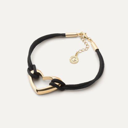 Bracelet cordon noir avec cœur, argent 925 plaqué or jaune NOUVEAU ROMANTIQUE