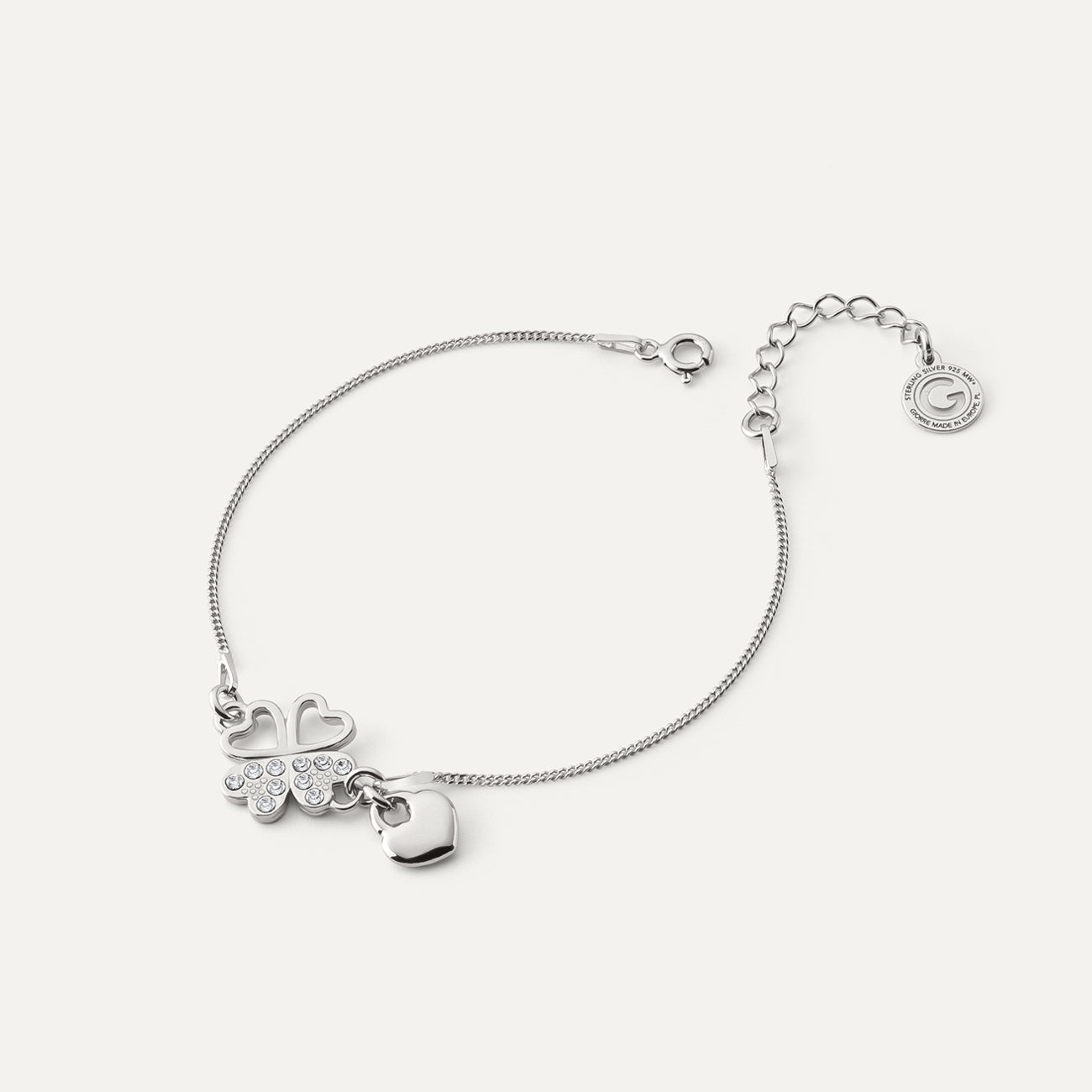 Armband Herz und Kleeblatt mit Zirkonia, Silber 925 mit Platin beschichtet