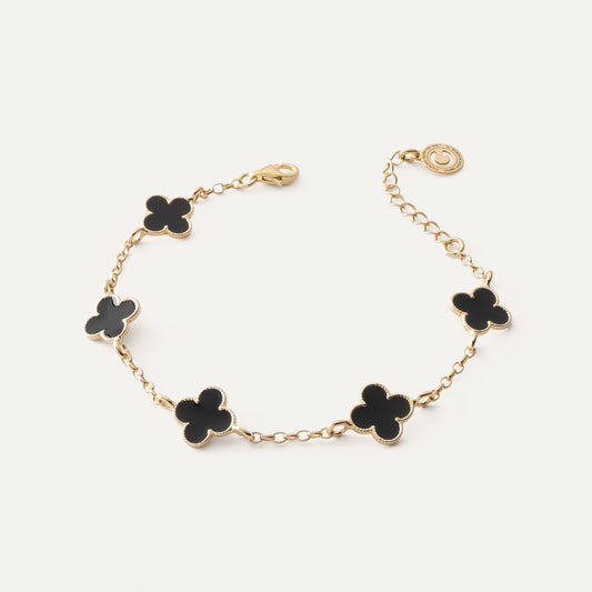 Armband mit fünf Kleeblättern aus schwarzem Harz an Rolo-Kette, 925 Silber mit Goldauflage