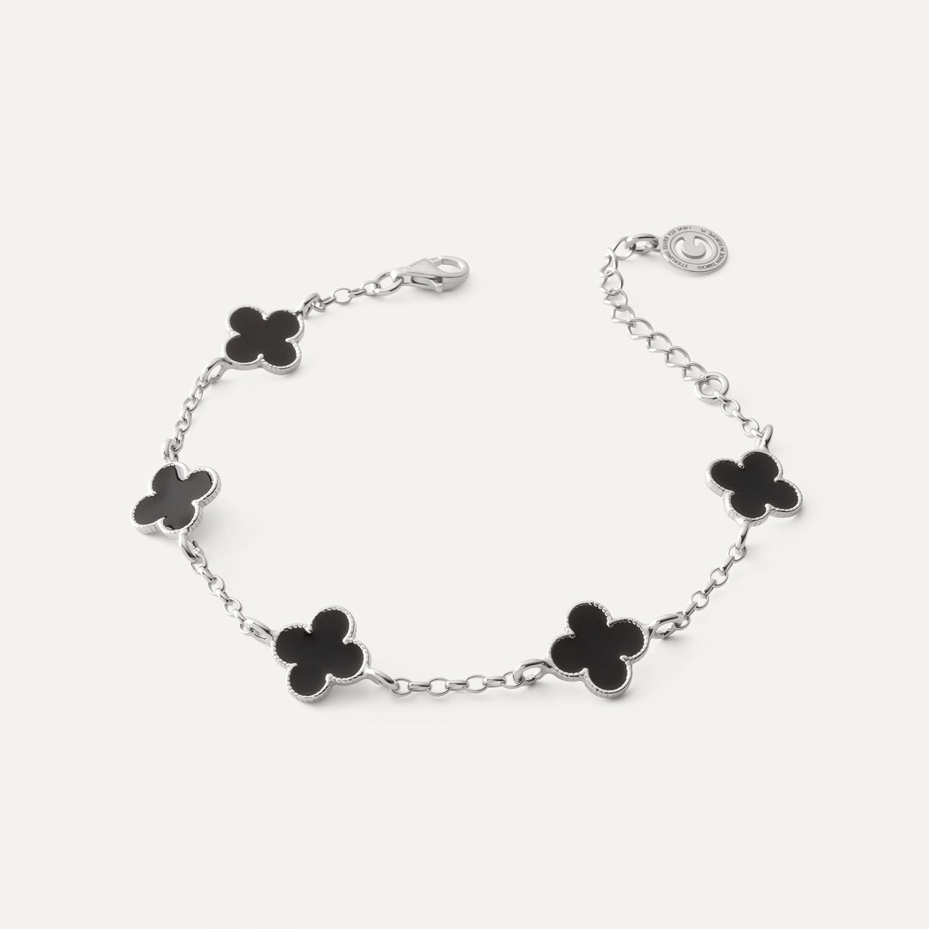 Armband mit fünf Kleeblättern aus schwarzem Harz an Rolo-Kette, 925 Silber, platiniert