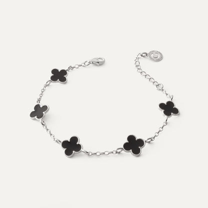 Armband mit fünf Kleeblättern aus schwarzem Harz an Rolo-Kette, 925 Silber, platiniert