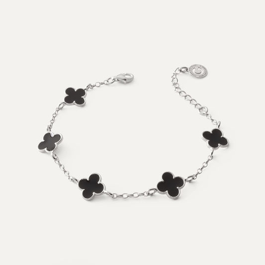 Armband mit fünf Kleeblättern aus schwarzem Harz an Rolo-Kette, 925 Silber, platiniert