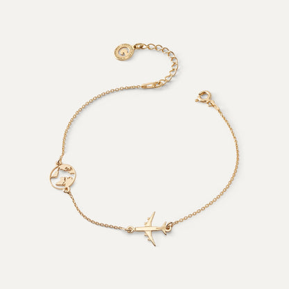 Armband - Globus und Flugzeug, 925er Silber gelbvergoldet TRAVEL