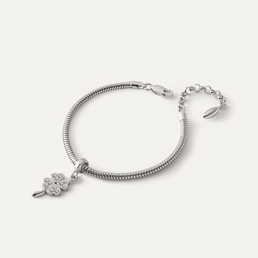 Armband mit Beads-Anhänger – Kleeblatt mit Zirkonia und Stiel, Silber 925 mit Platin beschichtet