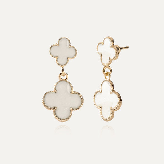 Hängende Ohrringe – Kleeblätter aus weißem Harz, 925er Silber gelbvergoldet