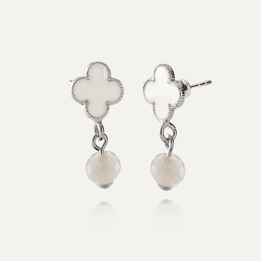 Hängeohrringe - Kleeblatt mit weißem Stein, 925er Silber platiniert