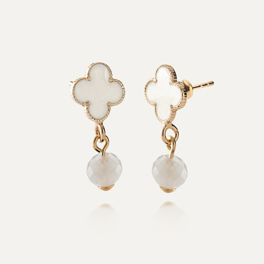 Hängeohrringe - Kleeblatt mit weißem Stein, 925er Silber gelbvergoldet