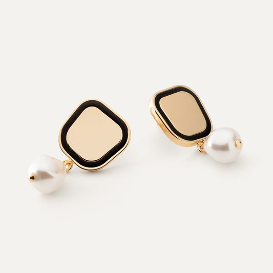 Boucles d'oreilles carrées en résine noire et perle, argent 925 plaqué or jaune NEW ROMANTIC