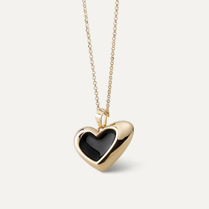 Collier cœur asymétrique noir en résine, argent 925 plaqué or jaune NOUVEAU ROMANTIQUE