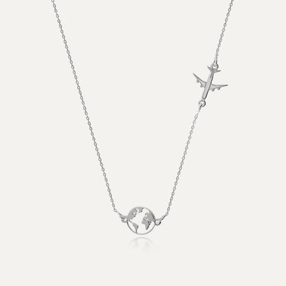Halskette - Globus mit Flugzeug, sterling silber 925, Platin - GIORRE