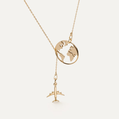 Airplane Globe Necklace, 14k Gold 