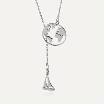Globus-Segelboot-Halskette, 925er Silber mit Platin überzogen TRAVEL