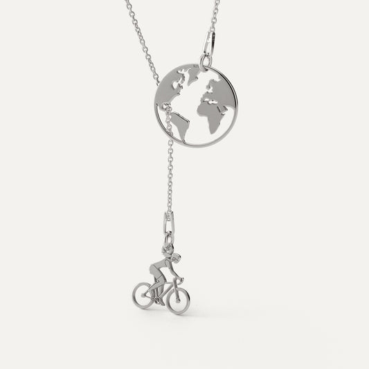 Halskette mit Radfahrerin und Weltkugel, Silber 925 mit Platin beschichtet
