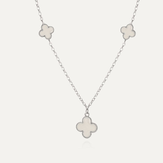 Halskette mit Kleeblättern aus weißem Harz, 925er Silber platiniert