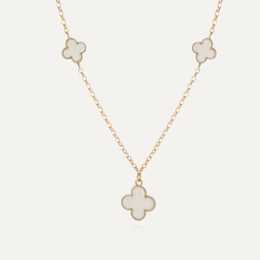 Halskette mit Kleeblättern aus weißem Harz, 925er Silber gelbvergoldet