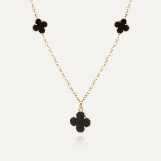 Halskette mit Kleeblättern aus schwarzem Harz, 925er Silber mit Vergoldung