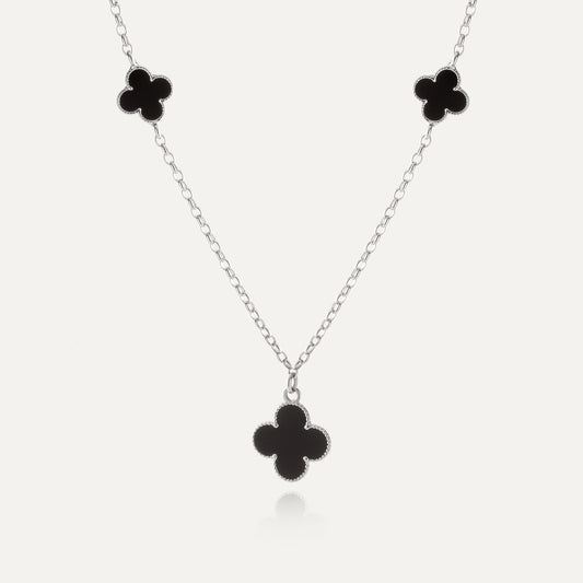 Halskette mit Kleeblättern aus schwarzem Harz, 925er Silber platiniert