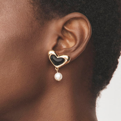 Herz-Ohrringe mit schwarz Harz und Perle, sterling silber 925, platiniert NEW ROMANTIC