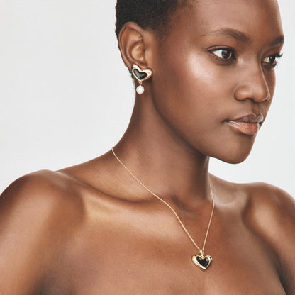 Collier cœur asymétrique noir en résine, argent 925 plaqué or jaune NOUVEAU ROMANTIQUE