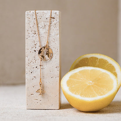 Airplane Globe Necklace, 14k Gold 