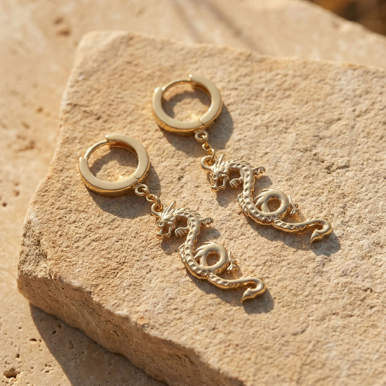 Boucles d'oreilles dragon, argent sterling 925 plaqué or jaune BALI SUN