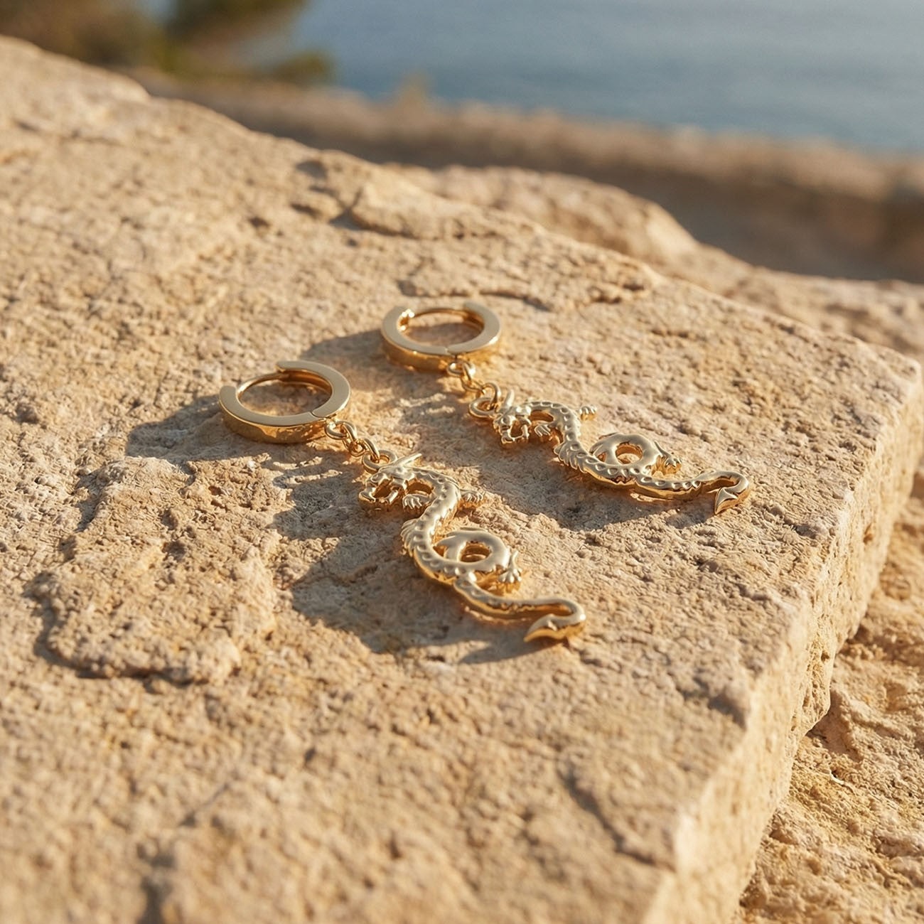 Boucles d'oreilles dragon, argent sterling 925 plaqué or jaune BALI SUN